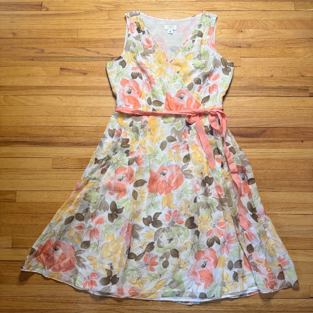 Ann Taylor Loft Silk Floral Faux Wrap Midi Dress Peach Yellow Green Size 10